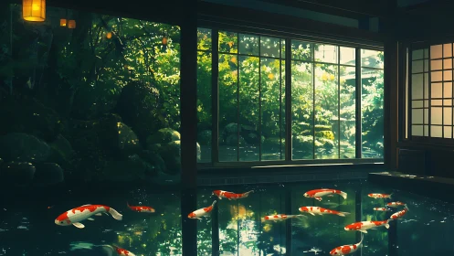 Koi pond reflects tranquil Japanese room and lush garden.