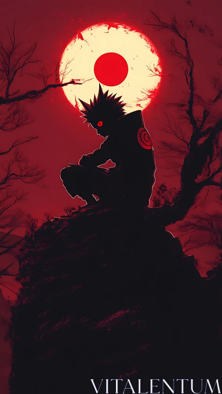 Dark ninja silhouette crouched under large blood red moon.