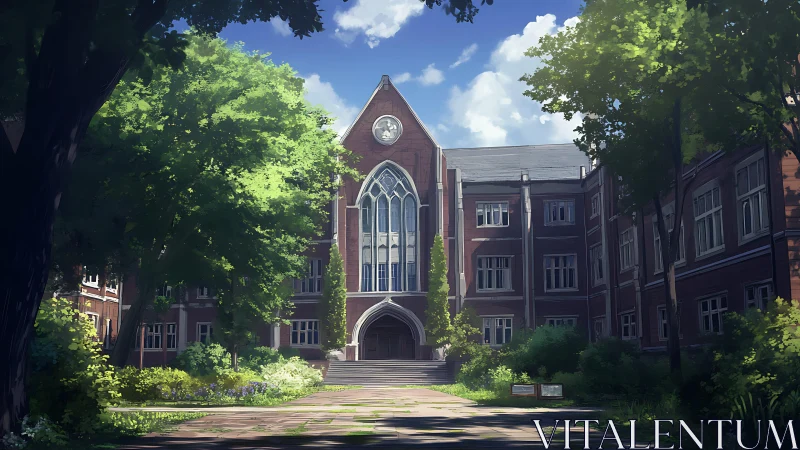 Sunlit brick college courtyard framed by gentle green trees.