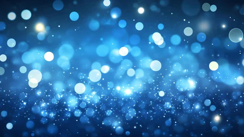 Abstract blue bokeh lights background with glowing sparkles.