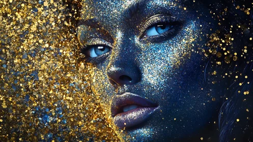 Glistening blue portrait shimmers in cascading golden light