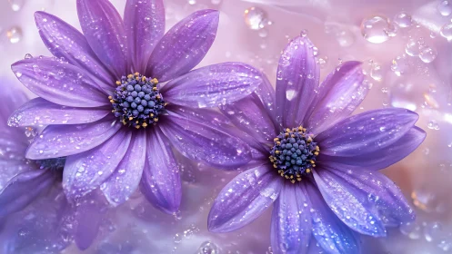 Purple Daisies with Dewdrops Against Soft Pink Backdrop.