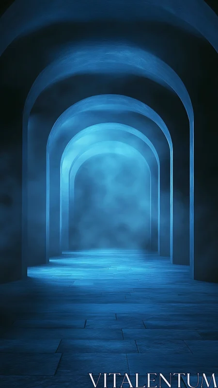 Blue illuminated arch corridor with receding perspective.