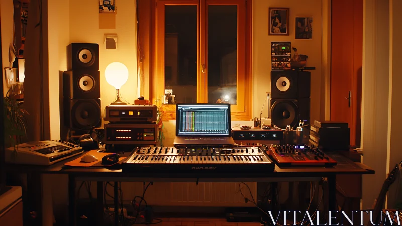 Warm home studio glows around synths, monitors and mixing desk