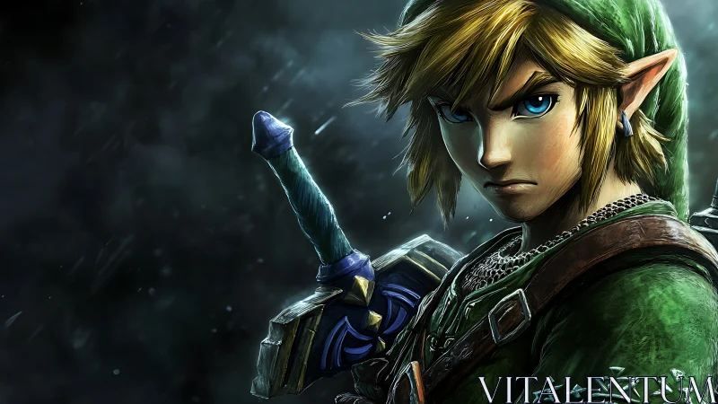 Determined elf warrior with sword in dark stormy setting.