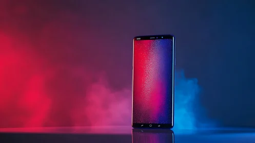 Sleek smartphone glowing in red and blue atmospheric haze.