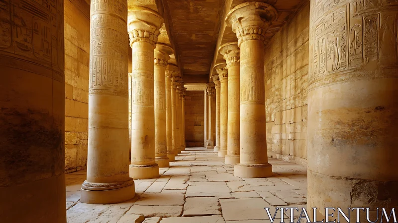 Stone colonnade interior shows carved Egyptian hieroglyphs