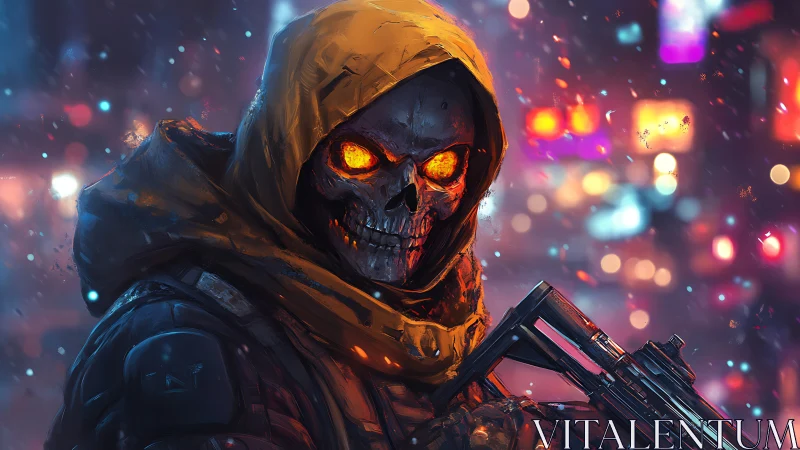 Hooded infernal skull warrior in neon-soaked winter streets.