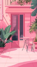 Sunlit pink patio welcomes quiet moments and leafy comfort