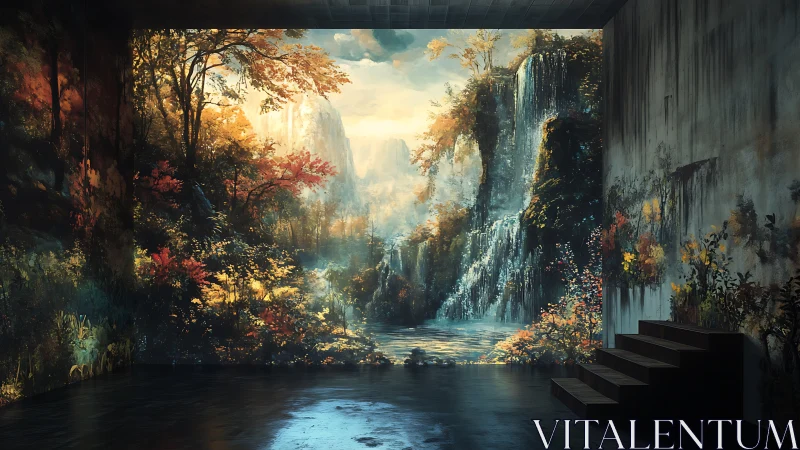 Interior wall landscape projection with waterfalls and trees.