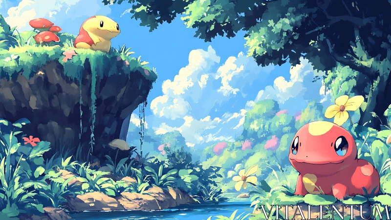 Gentle lizard friends share a sunny day in a bright forest