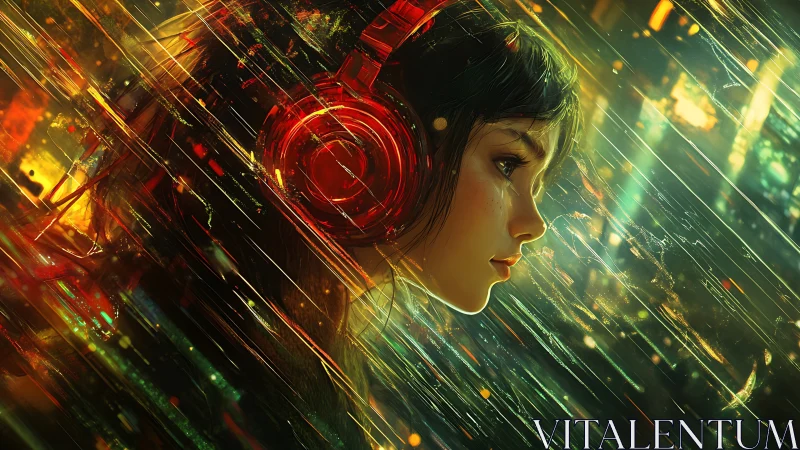 Girl with red headphones drifts through neon rain and music