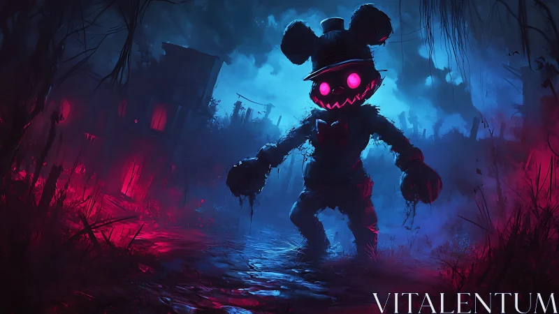 Neon-eyed scare-mouse stalks a fog-soaked haunted carnival.