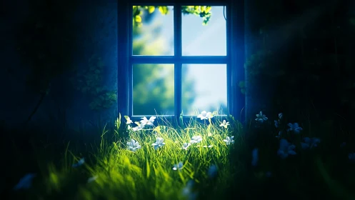 Digital painting of sunlit wildflowers below a blue window frame.