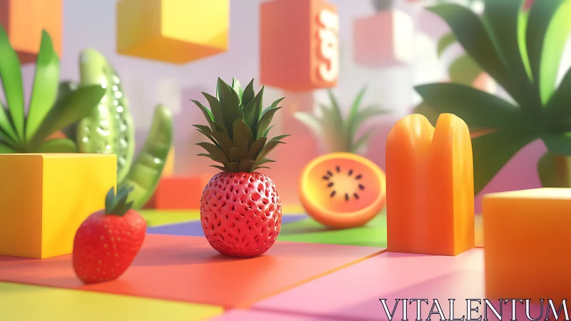 Playful tropical fruits float among pastel 3D blocks.