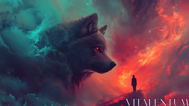 Wolf head in nebula sky with lone human silhouette present.
