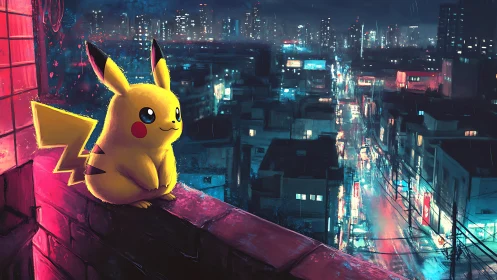 Pikachu watches neon cityscape under glowing night rain.