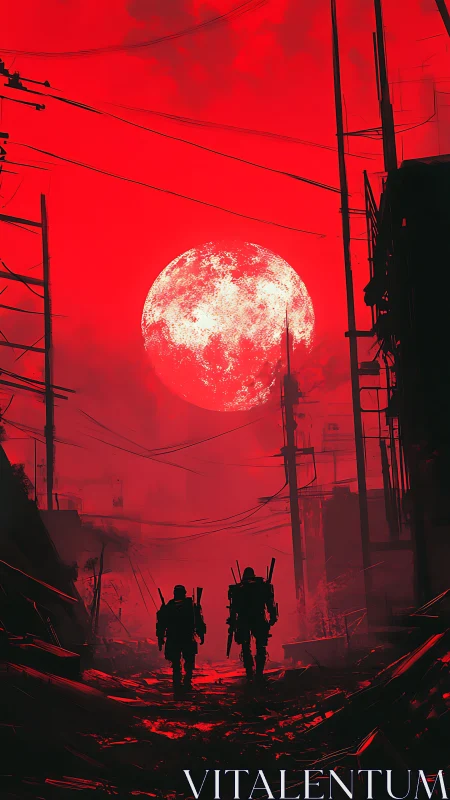 Blood-red moon over ruined cyber alley with two soldiers.