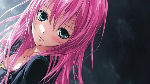 Stargazing girl with windswept pink hair in midnight hush.