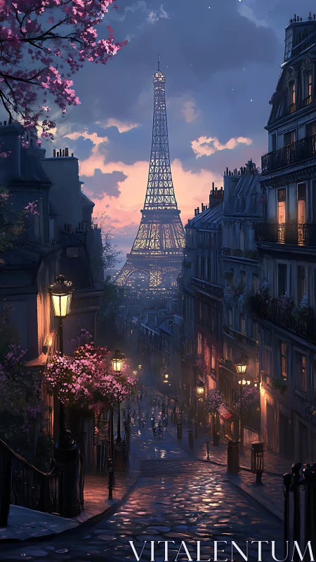 Twilight Parisian street descending toward glowing tower.