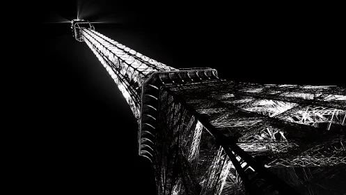 Monochrome upward view isolates illuminated lattice tower structure