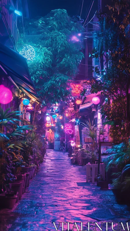 Neon illuminated alleyway shows wet stone path and foliage