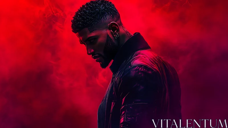 Brooding silhouette in neon crimson haze of electric night.