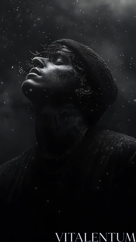 Stormlit dreamer lifts his face to the falling night