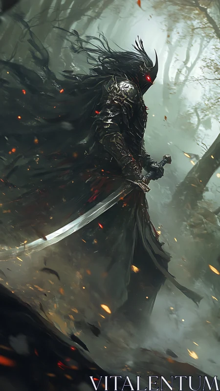 Dark armored wraith strides through burning forest haze.