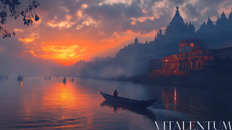 Soft dawn glow welcomes quiet boats by misty river temples