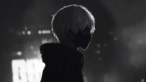 Masked white haired figure in noir cityscape silhouette.