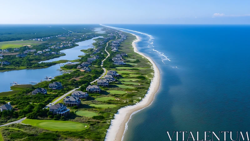 Coastal golf community stretches along tranquil blue shoreline.