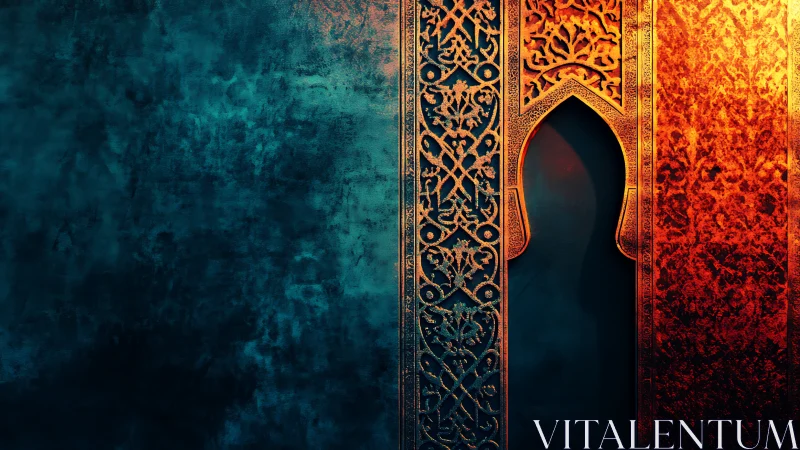 Ornate archway and textured wall divide teal and orange light