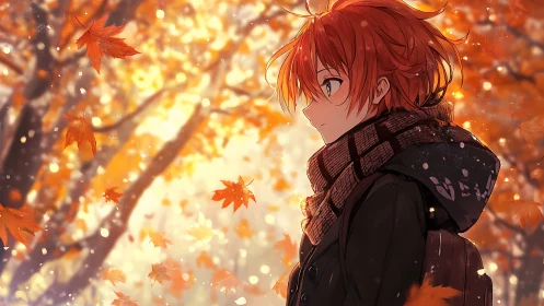 Side profile of red-haired anime figure in autumn forest.