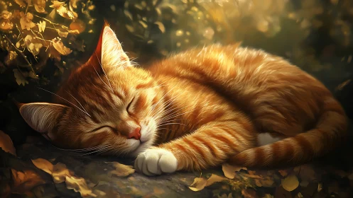 Ginger Cat Dreaming Among Golden Autumn Leaves.