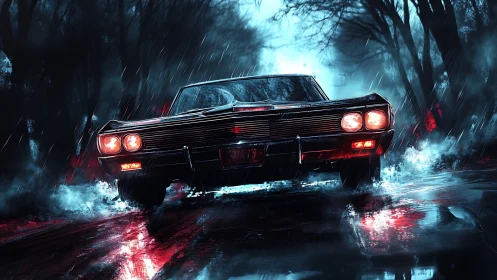 Muscle car powers through stormy neon-lit forest road.