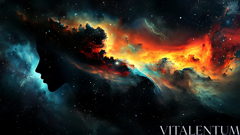 Silhouette of woman merged with vivid cosmic nebula.