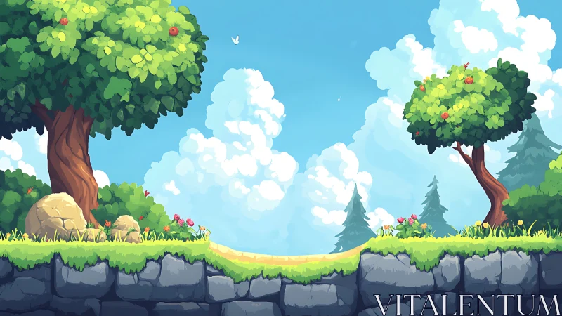 Cartoon landscape with trees, rocky ledge, and blue sky.