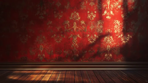 Rich red damask wall with golden light across wood floor.