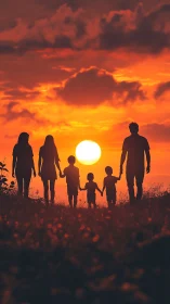 Silhouette of family with children walking at vivid sunset.