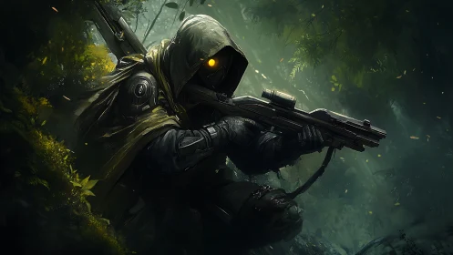 Camouflaged cybernetic sniper with energy rifle in dense forest