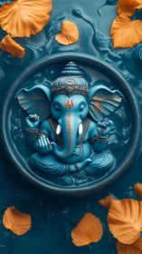 Blue Ganesha idol floats in teal water with gold leaves