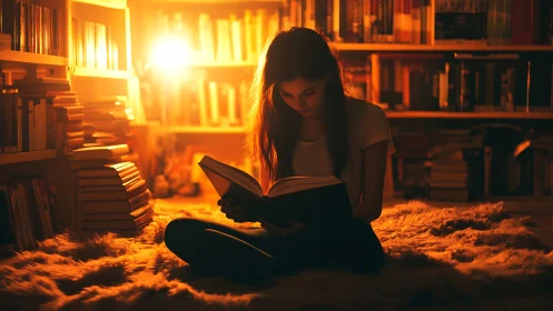 Warm lamplit library scene with girl reading on floor.