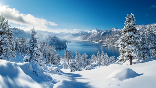 Photorealistic alpine lake panorama with snow-laden conifers.