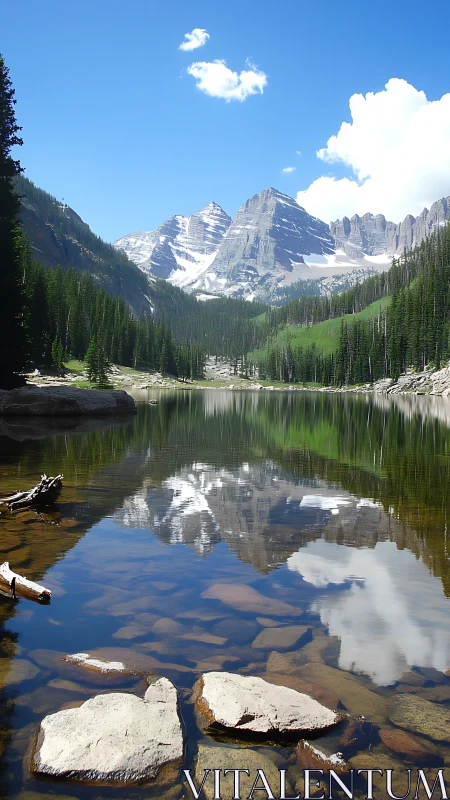 Alpine lake with forested slopes and distant snow peaks.