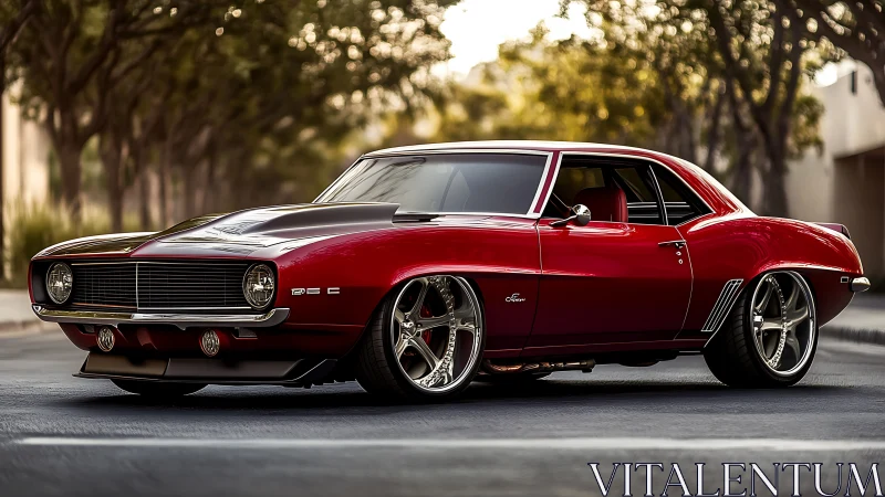 Photorealistic low-angle render of custom red muscle car coupé.