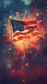 United States flag rendered amid radial abstract light burst