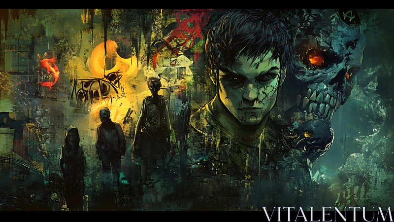 Neo-noir antihero confronts spectral skull in fractured cityscape