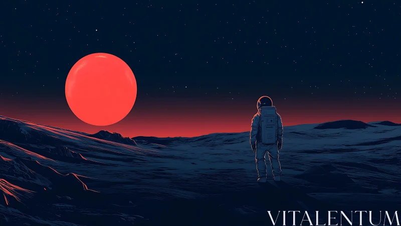 Solitary suited figure on alien terrain at red horizon.