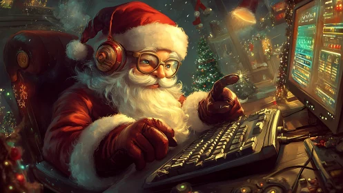 Tech-savvy Santa operates festive command workstation.